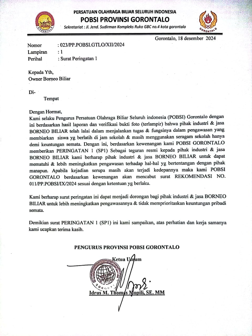 Surat Peringan yang ditujukan ke Pihak Borneo Billiard. ( Foto : POBSI Provinsi Gorontalo ) 